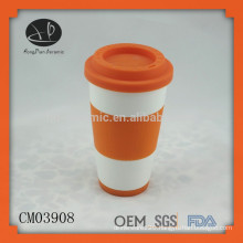 12oz ceramic coffee cup,travel mug with silicon lid&wrap,wholesale ceramic keep cup coffee mug with silicone cover and lid